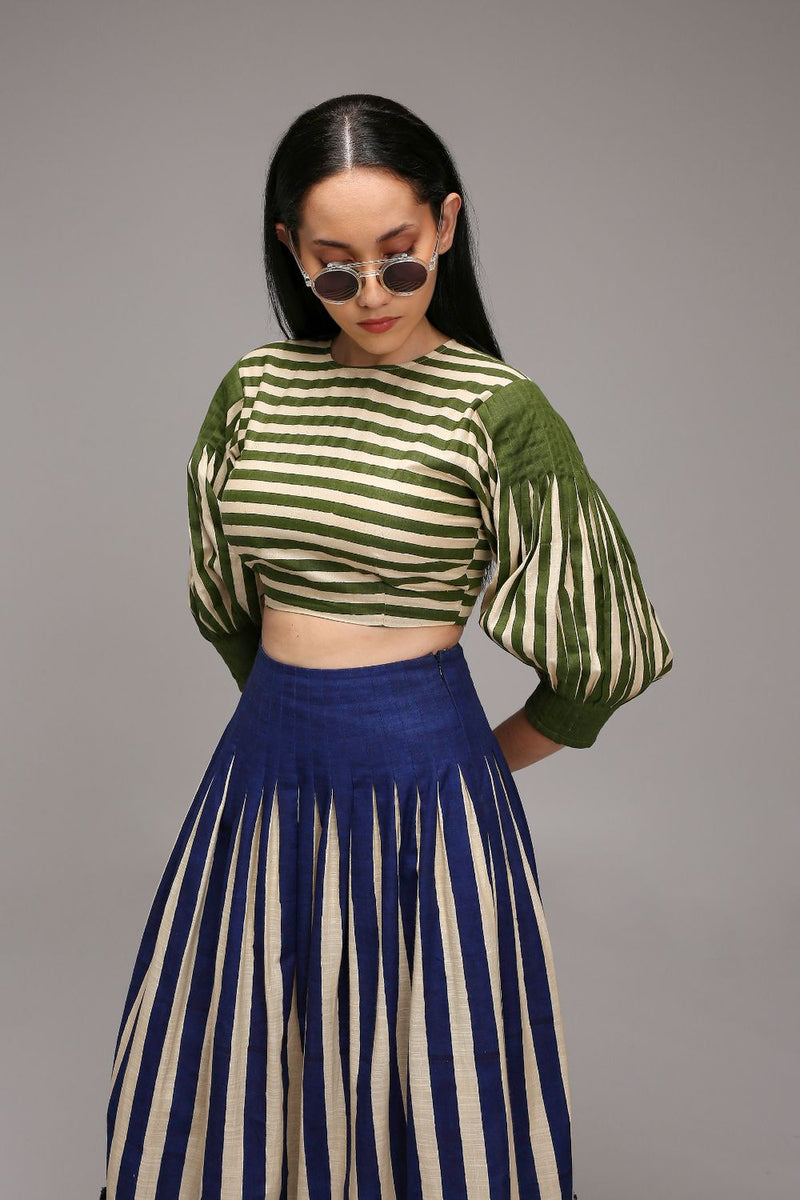 Egg-Shell Green Striped Crop Top cotton by Mati in white color for women Worldwide