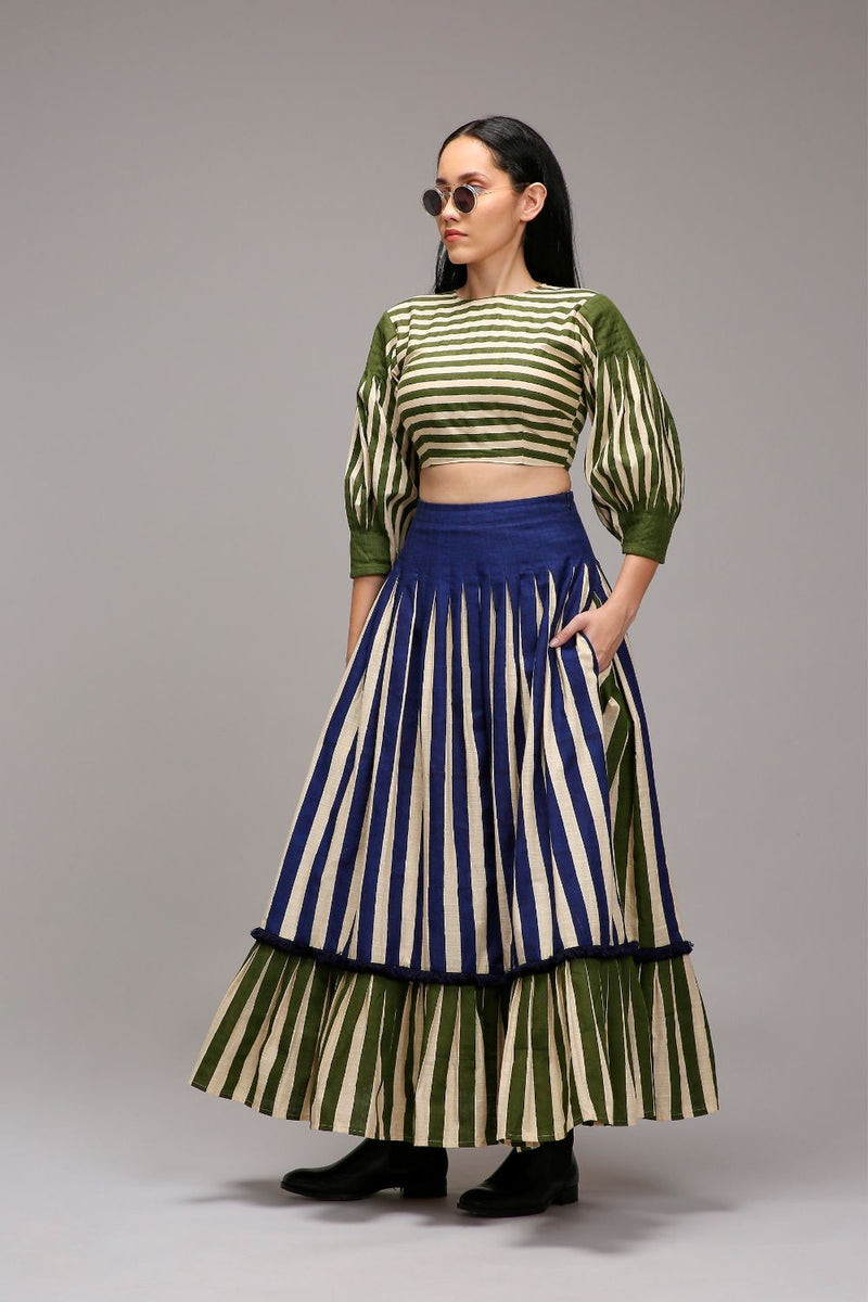 Egg-Shell Green Striped Crop Top cotton by Mati in white color for women Worldwide