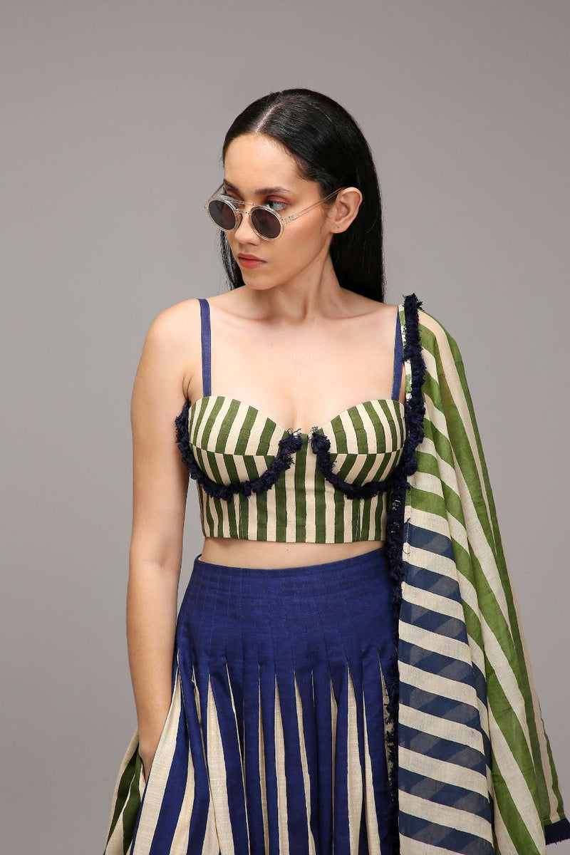Egg-Shell Green Fringed Striped Corset cotton by Mati in white color for women Worldwide