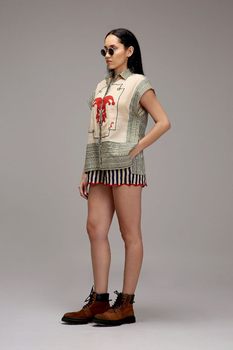Egg-Shell Green Striped Red Joker Shirt cotton by Mati in white color for women Worldwide
