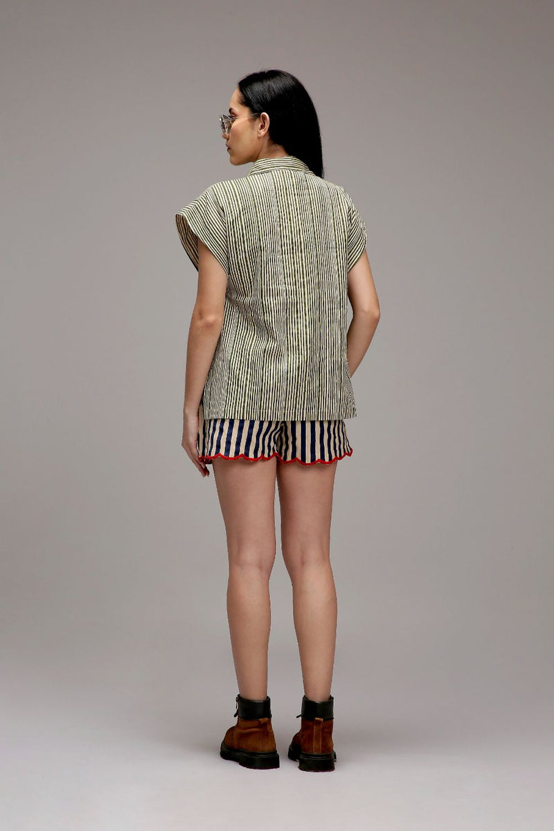 Egg-Shell Green Striped Red Joker Shirt cotton by Mati in white color for women Worldwide
