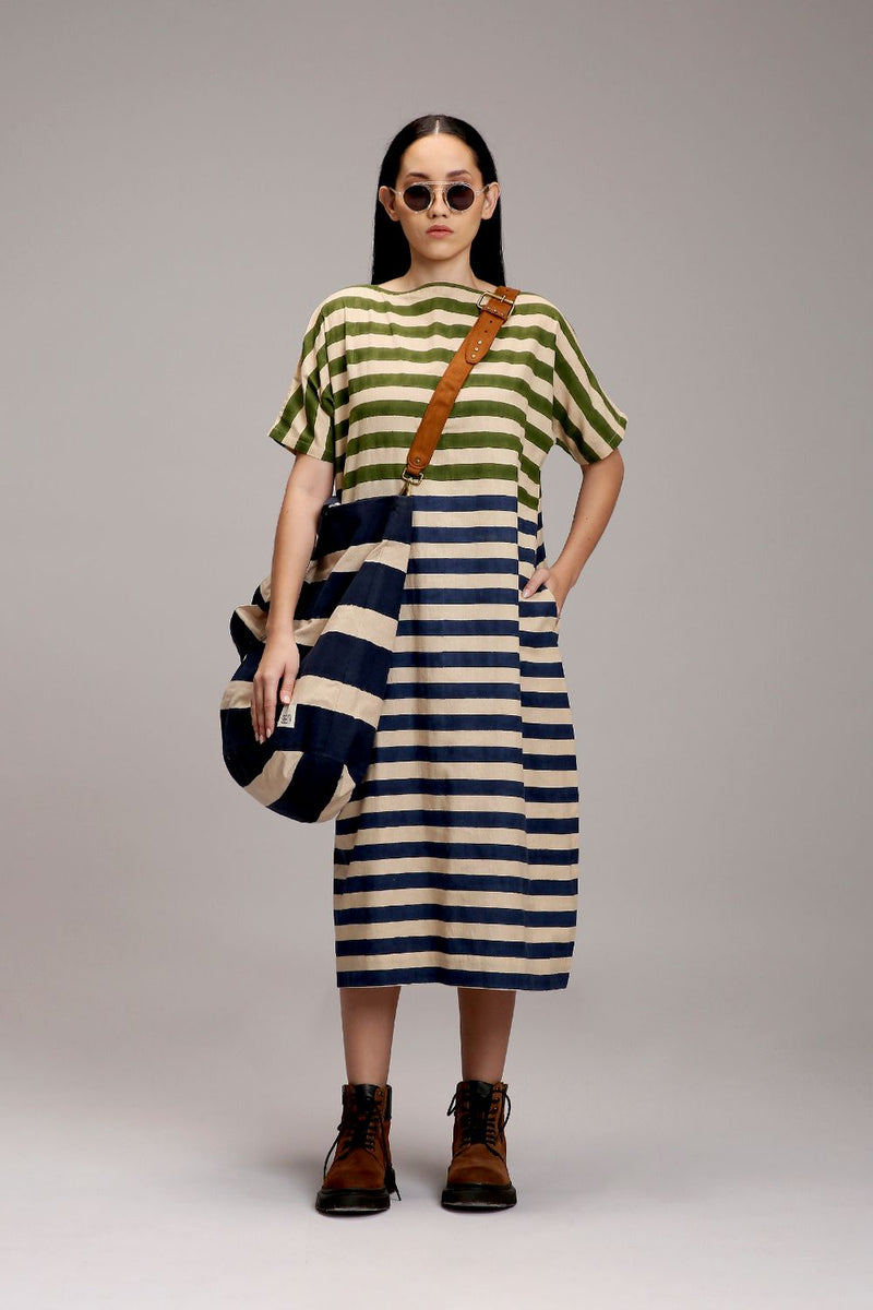 Egg-Shell Green & Blue Dual Striped Dress cotton by Mati in white color for women Worldwide