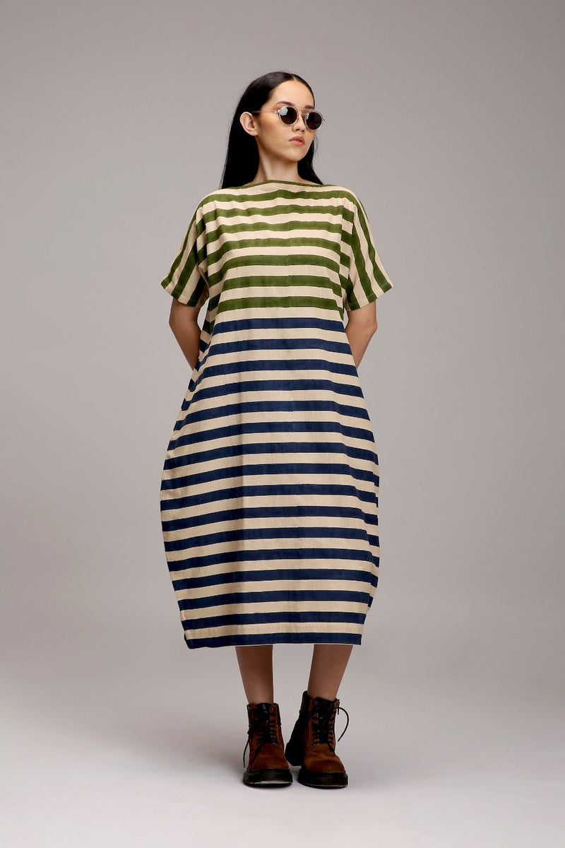 Egg-Shell Green & Blue Dual Striped Dress cotton by Mati in white color for women Worldwide