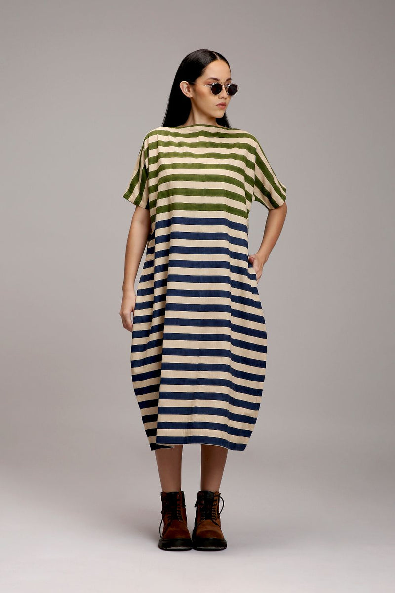 Egg-Shell Green & Blue Dual Striped Dress cotton by Mati in white color for women Worldwide