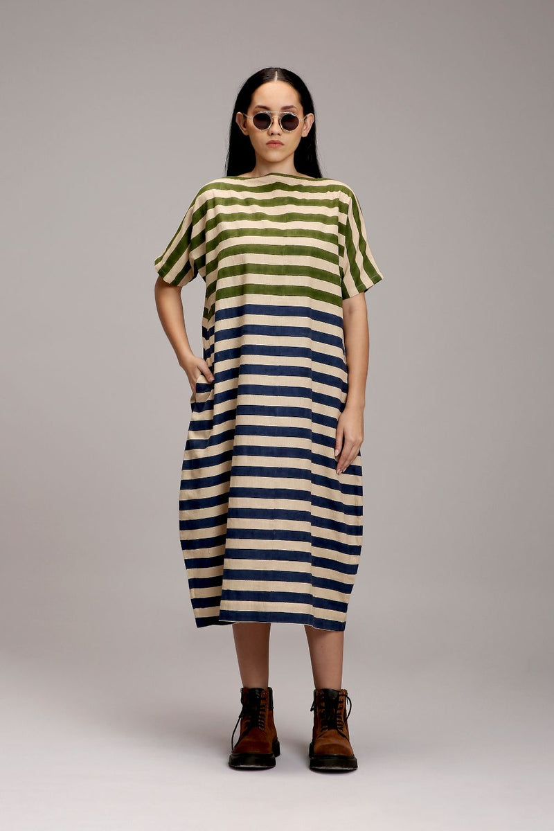 Egg-Shell Green & Blue Dual Striped Dress cotton by Mati in white color for women Worldwide
