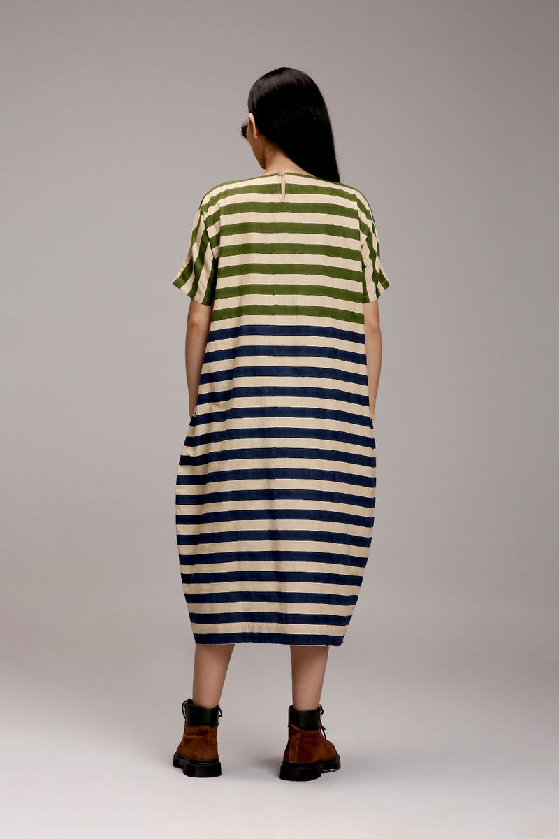 Egg-Shell Green & Blue Dual Striped Dress cotton by Mati in white color for women Worldwide