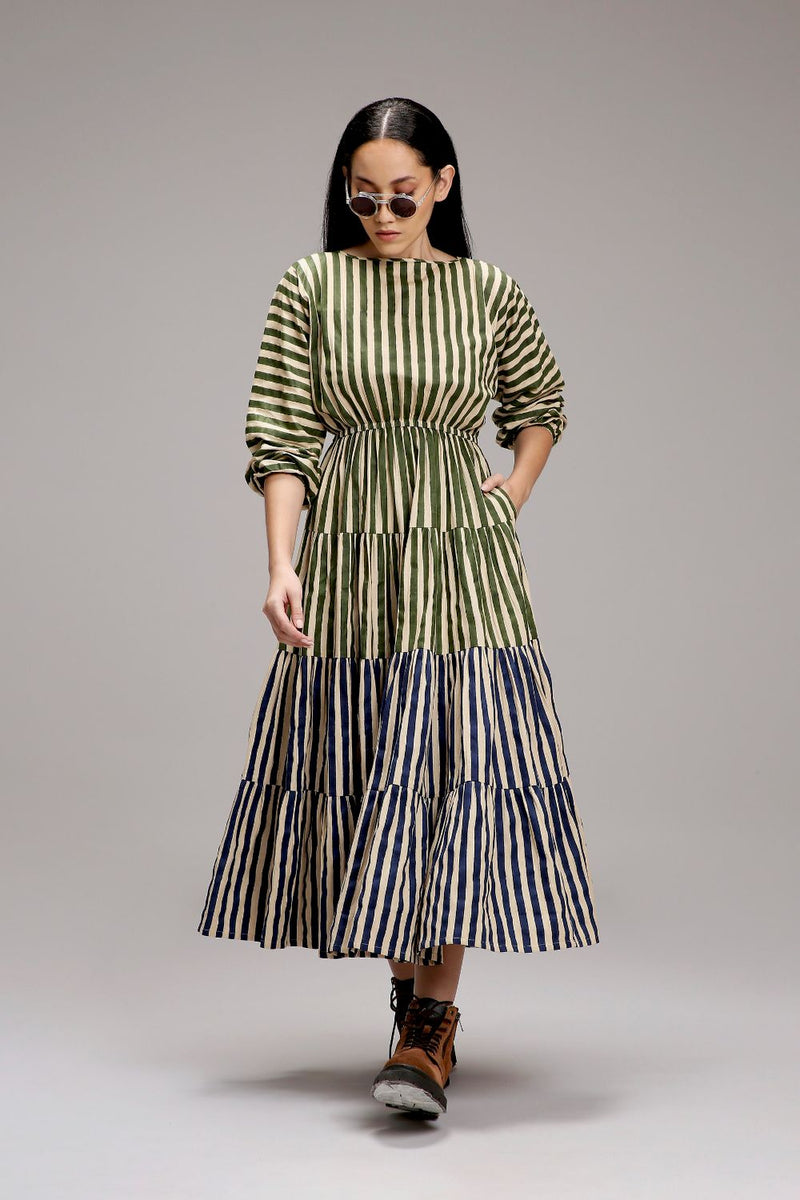 Egg-Shell Green & Blue Striped Tiered Dress cotton by Mati in white color for women Worldwide