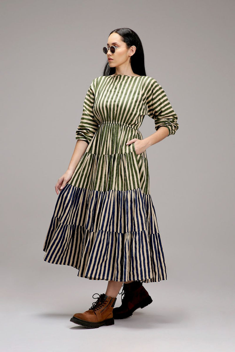 Egg-Shell Green & Blue Striped Tiered Dress cotton by Mati in white color for women Worldwide