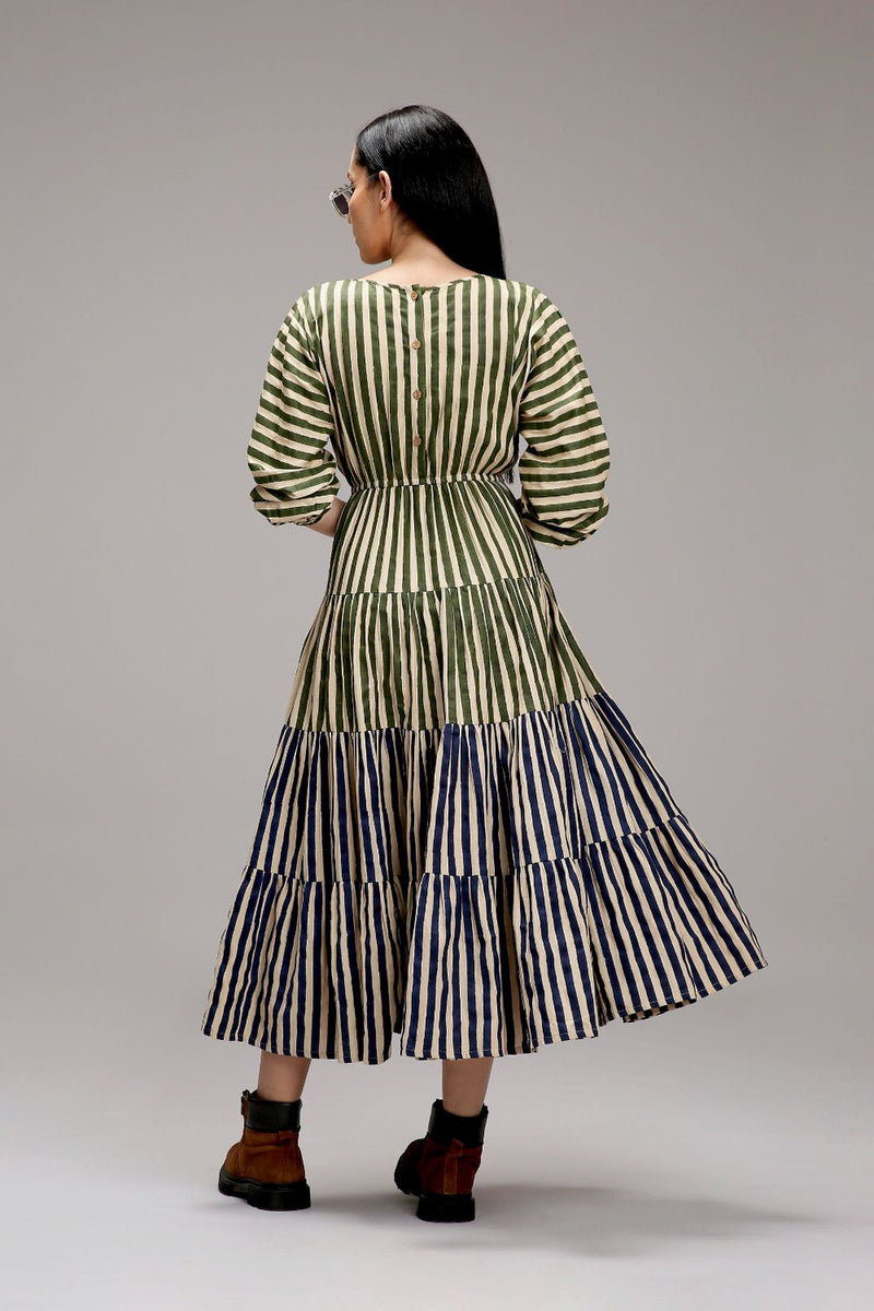 Egg-Shell Green & Blue Striped Tiered Dress cotton by Mati in white color for women Worldwide