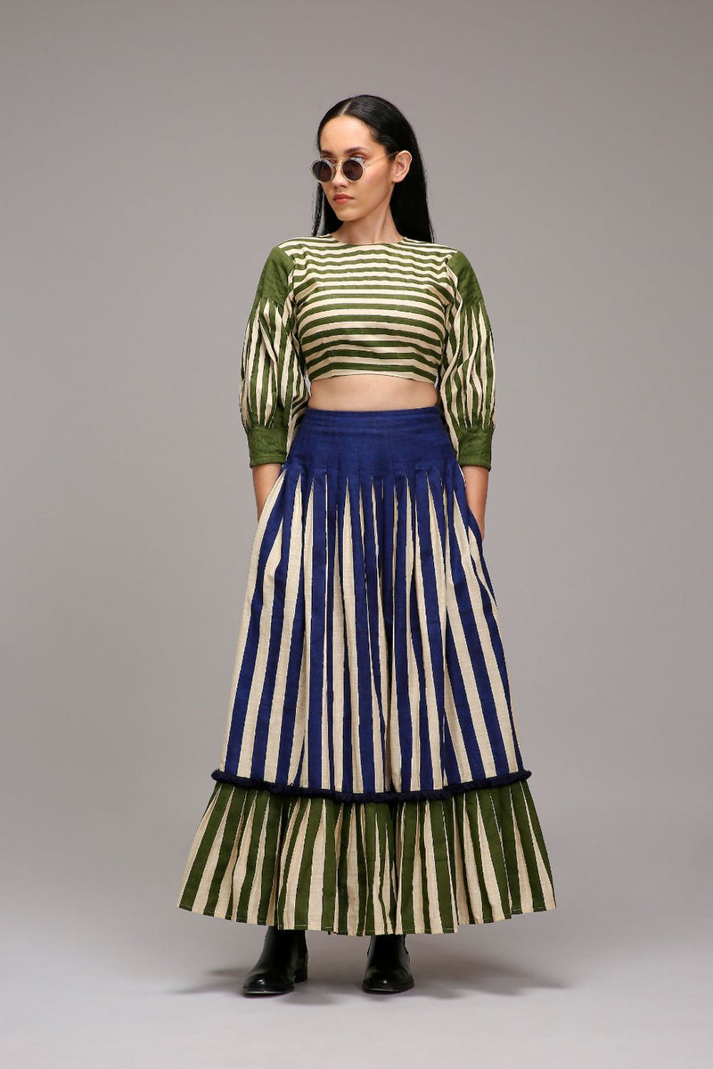 Egg-Shell Striped Crop Top & Skirt Set (2 PCS) cotton by Mati in white color for women Worldwide