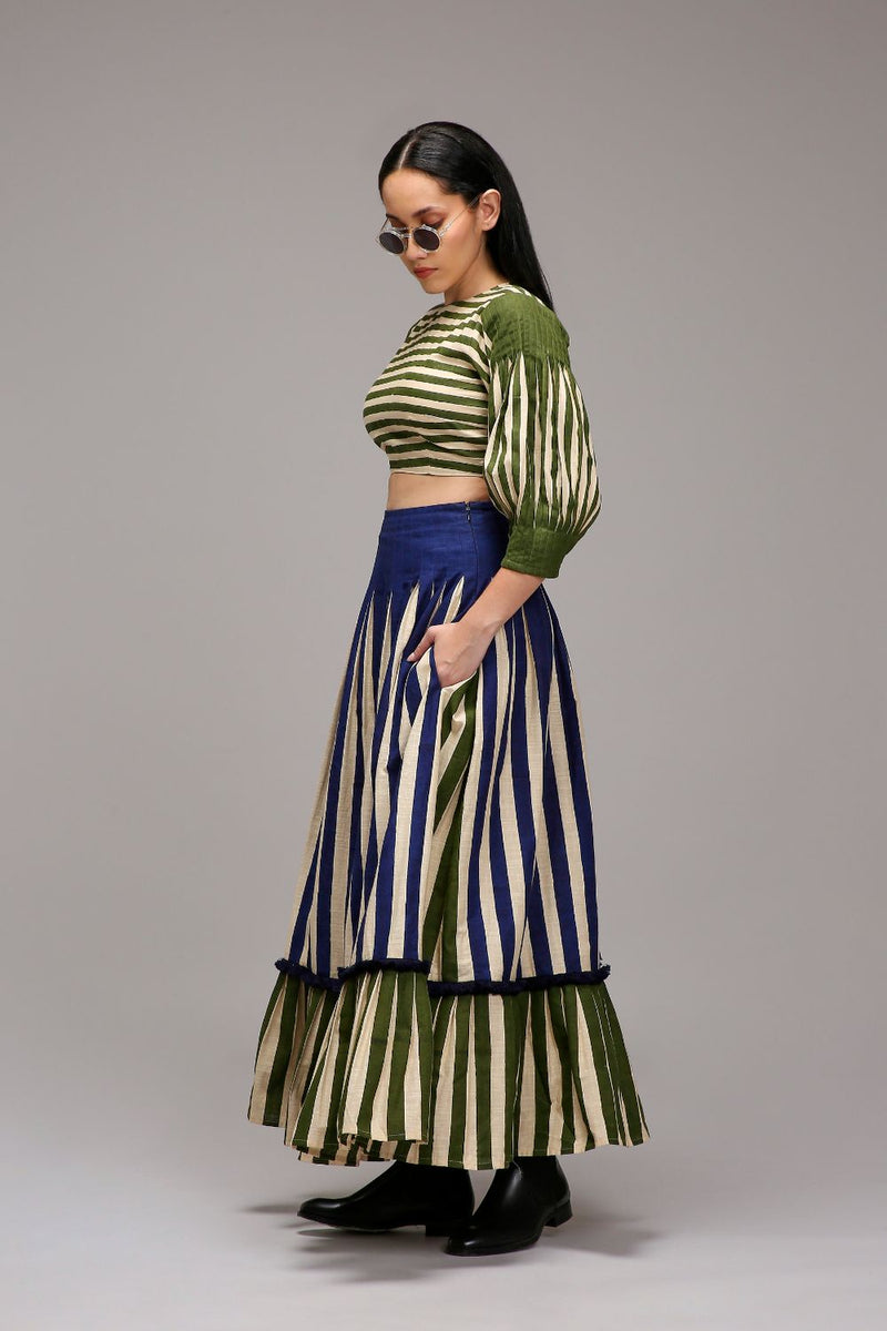 Egg-Shell Striped Crop Top & Skirt Set (2 PCS) cotton by Mati in white color for women Worldwide