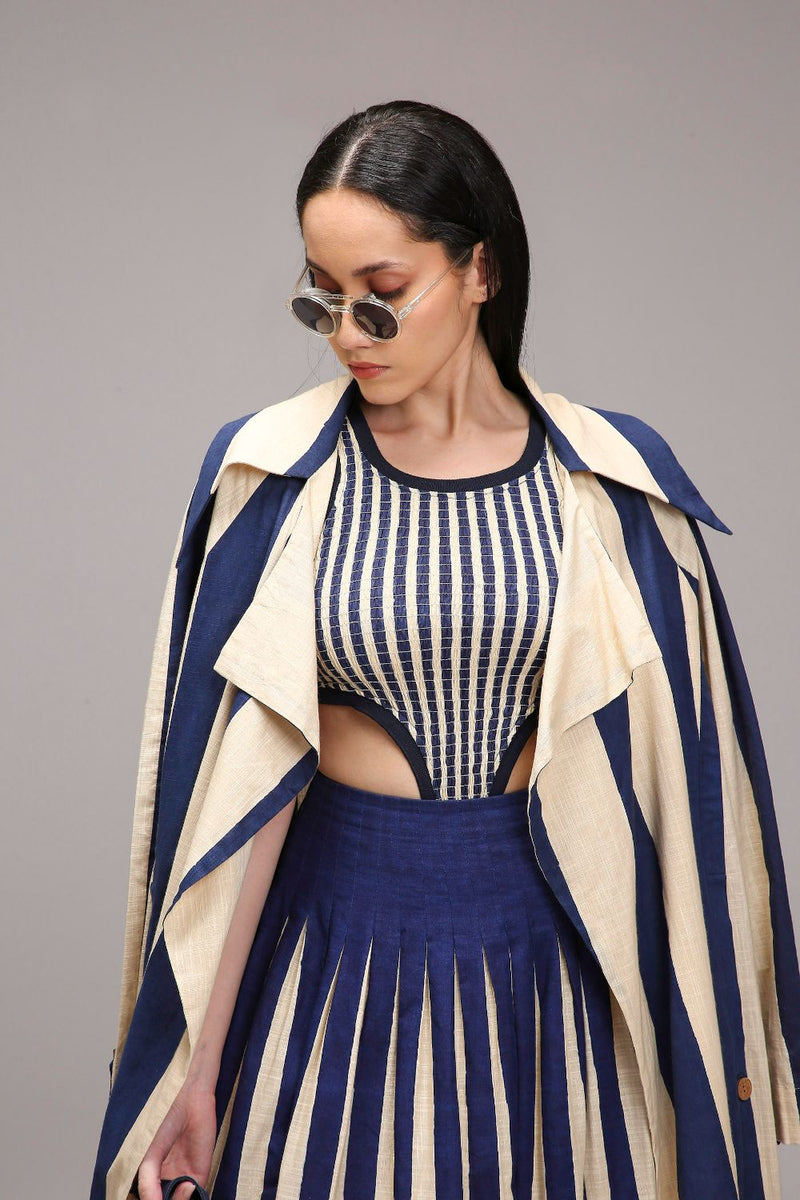 Egg-Shell Trench Bodysuit Dual Striped Skirt Set (3 PCS) cotton by Mati in white color for women Worldwide