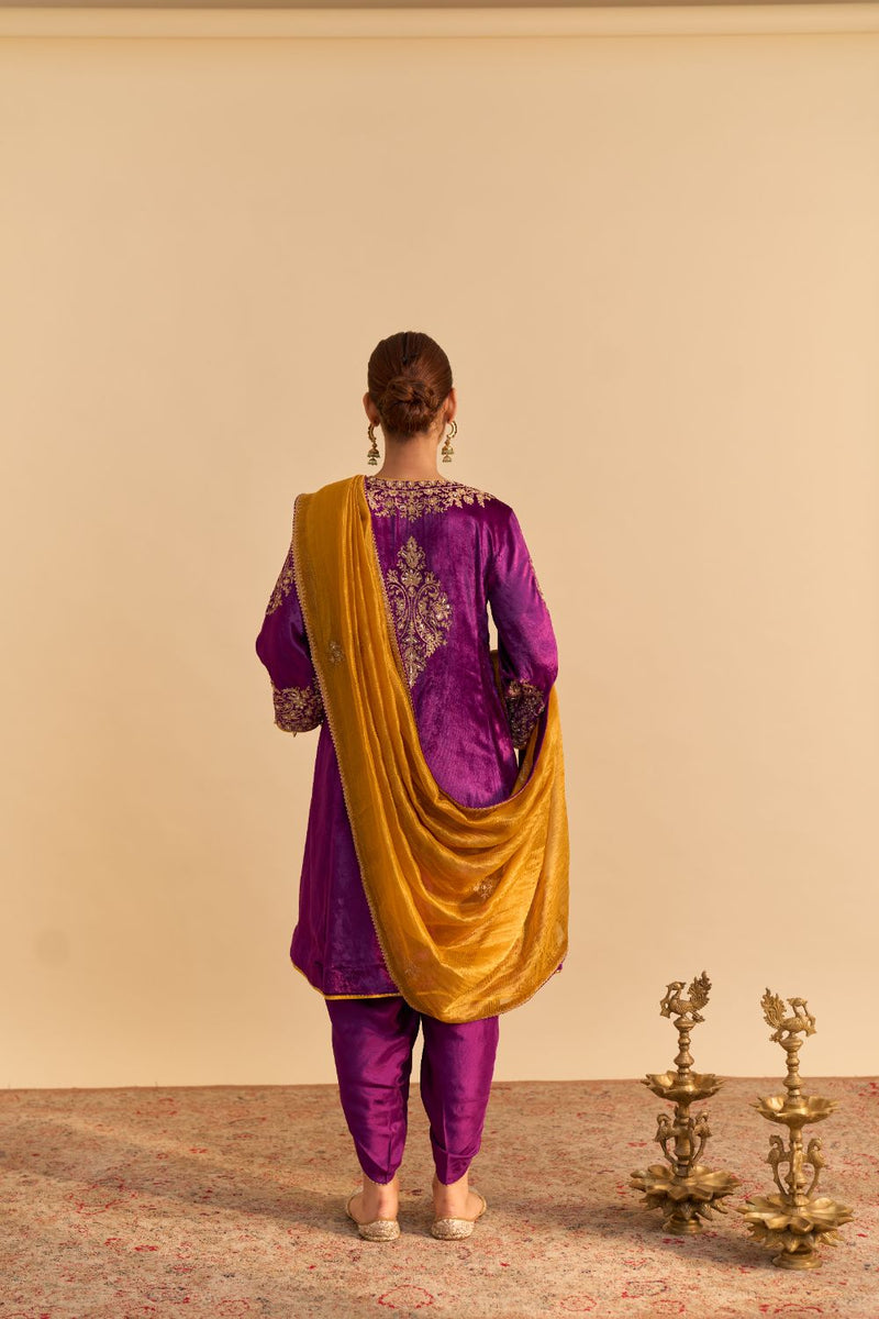 Eira - Deep Purple A-line Kurta with Dhoti with Dupatta by SHEETAL BATRA for women Worldwide