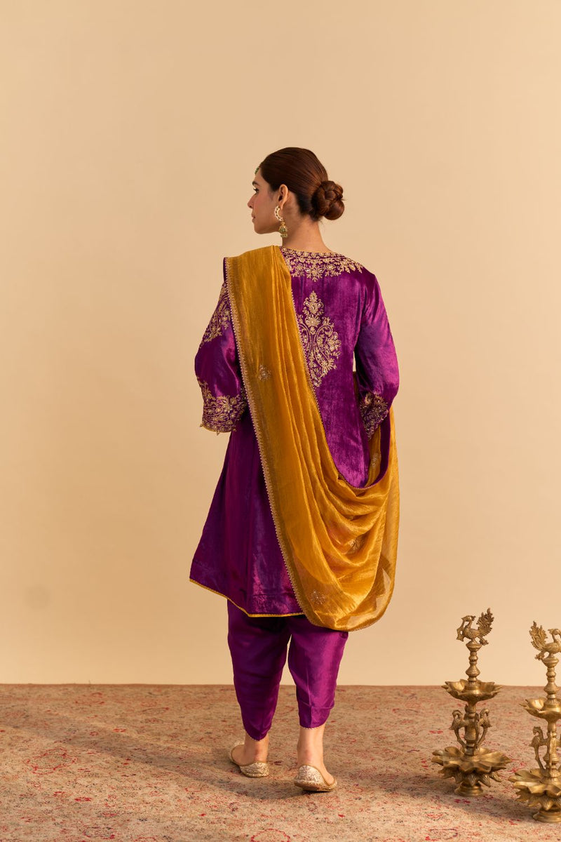 Eira - Deep Purple A-line Kurta with Dhoti with Dupatta by SHEETAL BATRA for women Worldwide