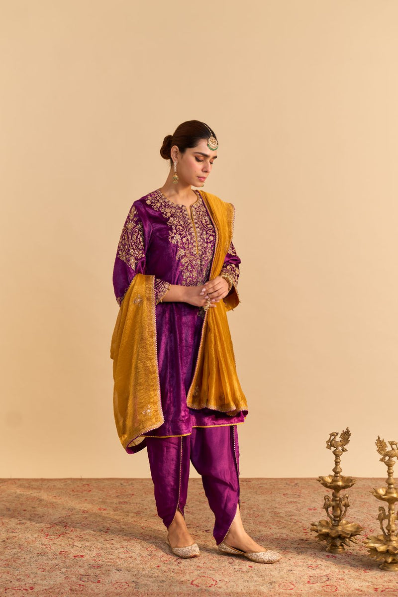 Eira - Deep Purple A-line Kurta with Dhoti with Dupatta by SHEETAL BATRA for women Worldwide