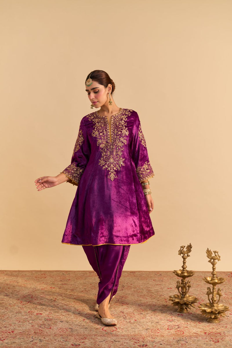 Eira - Deep Purple A-line Kurta with Dhoti with Dupatta by SHEETAL BATRA for women Worldwide
