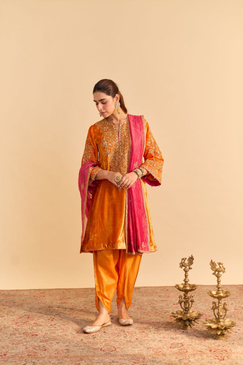 Eira - Orange A-line Kurta with Dhoti with Dupatta by SHEETAL BATRA for women Worldwide