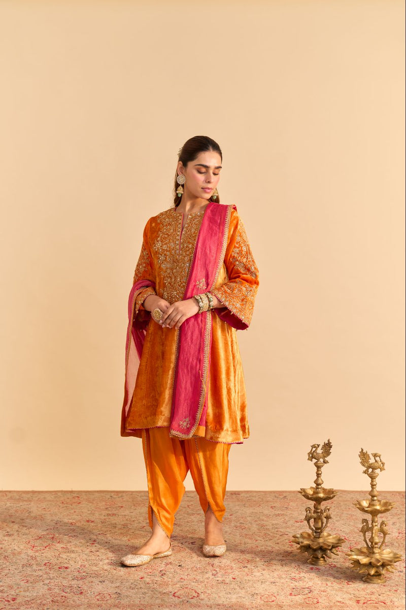Eira - Orange A-line Kurta with Dhoti with Dupatta by SHEETAL BATRA for women Worldwide