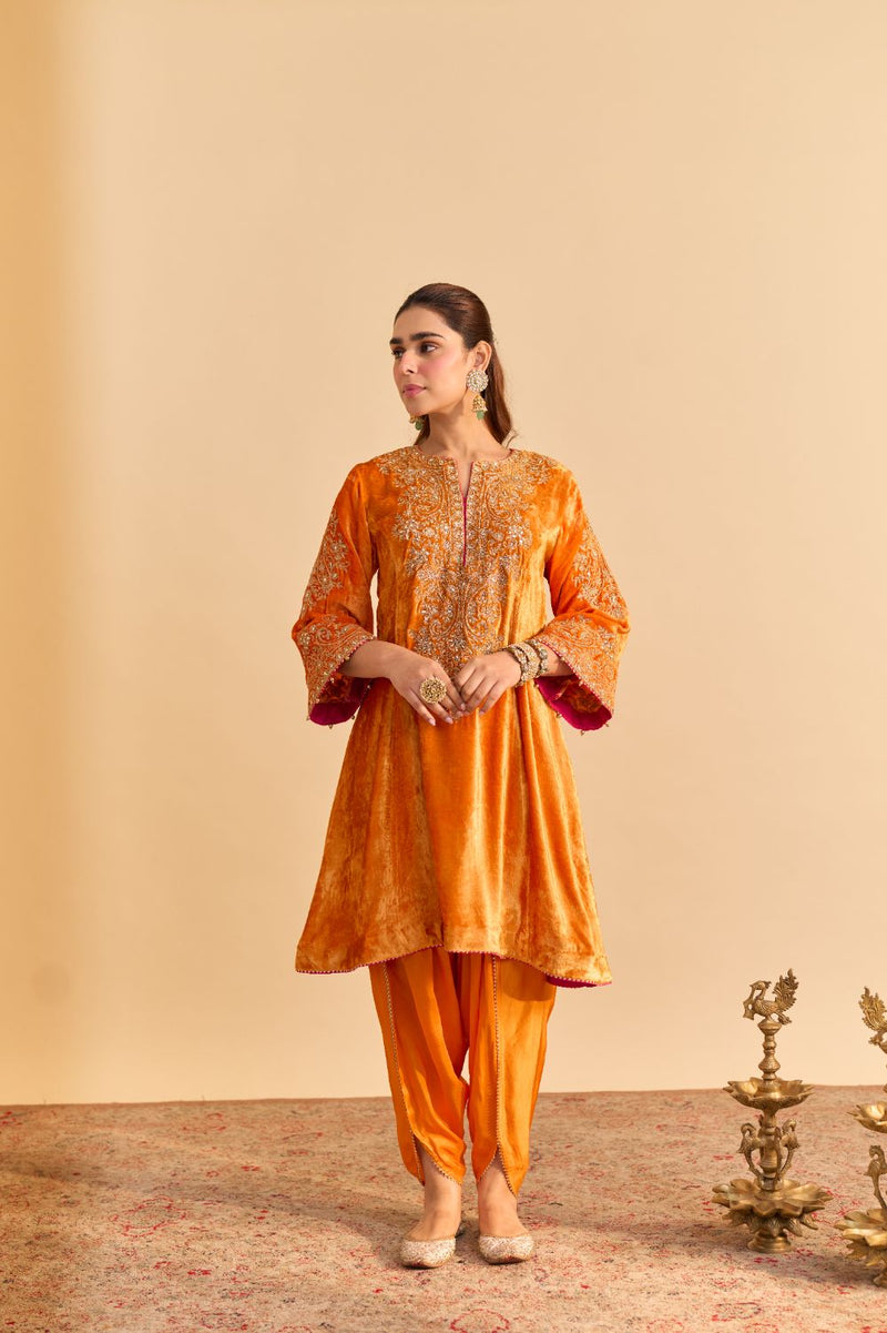 Eira - Orange A-line Kurta with Dhoti with Dupatta by SHEETAL BATRA for women Worldwide