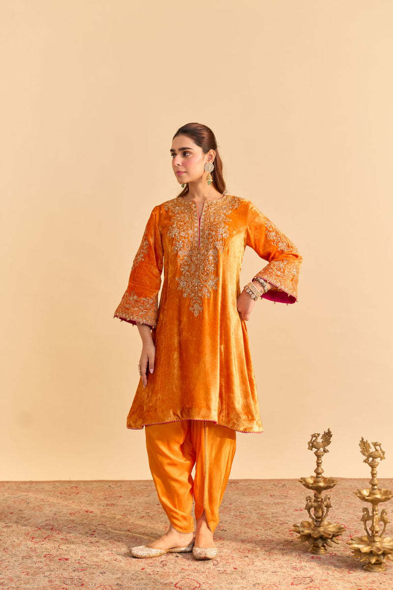 Eira - Orange A-line Kurta with Dhoti with Dupatta by SHEETAL BATRA for women Worldwide
