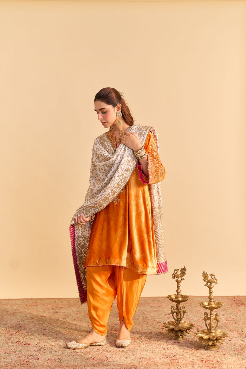 Eira - Orange A-line Kurta with Dhoti with Dupatta by SHEETAL BATRA for women Worldwide