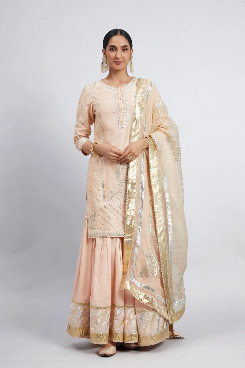 Eliza - Peach Chanderi Silk Kurta And Garara Set With Organza Dupatta silk by SHEETAL BATRA in peach color for women Worldwide