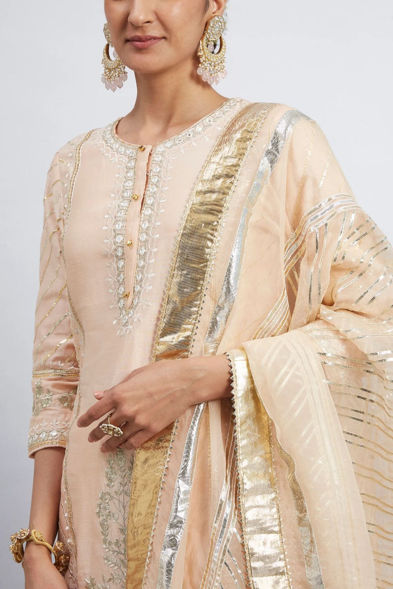 Eliza - Peach Chanderi Silk Kurta And Garara Set With Organza Dupatta silk by SHEETAL BATRA in peach color for women Worldwide