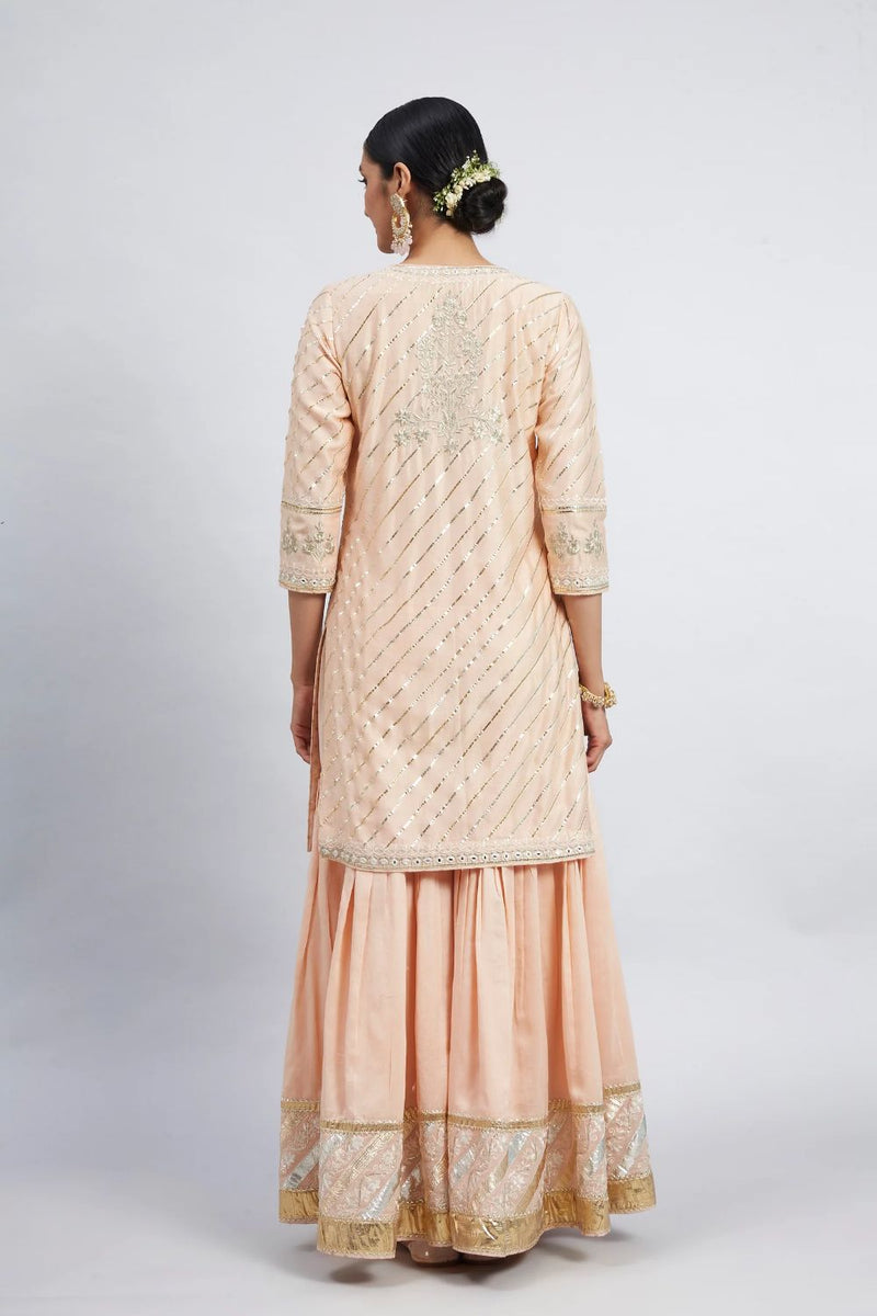 Eliza - Peach Chanderi Silk Kurta And Garara Set With Organza Dupatta silk by SHEETAL BATRA in peach color for women Worldwide