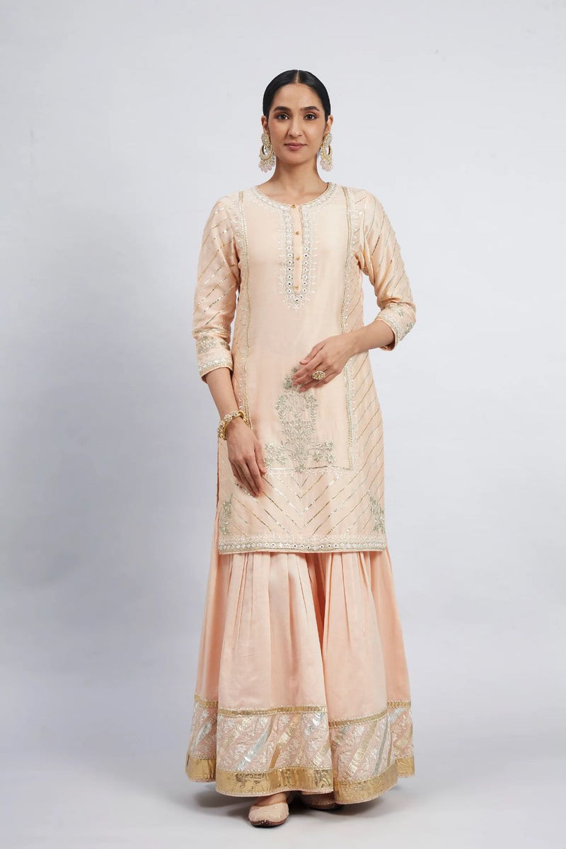 Eliza - Peach Chanderi Silk Kurta And Garara Set With Organza Dupatta silk by SHEETAL BATRA in peach color for women Worldwide