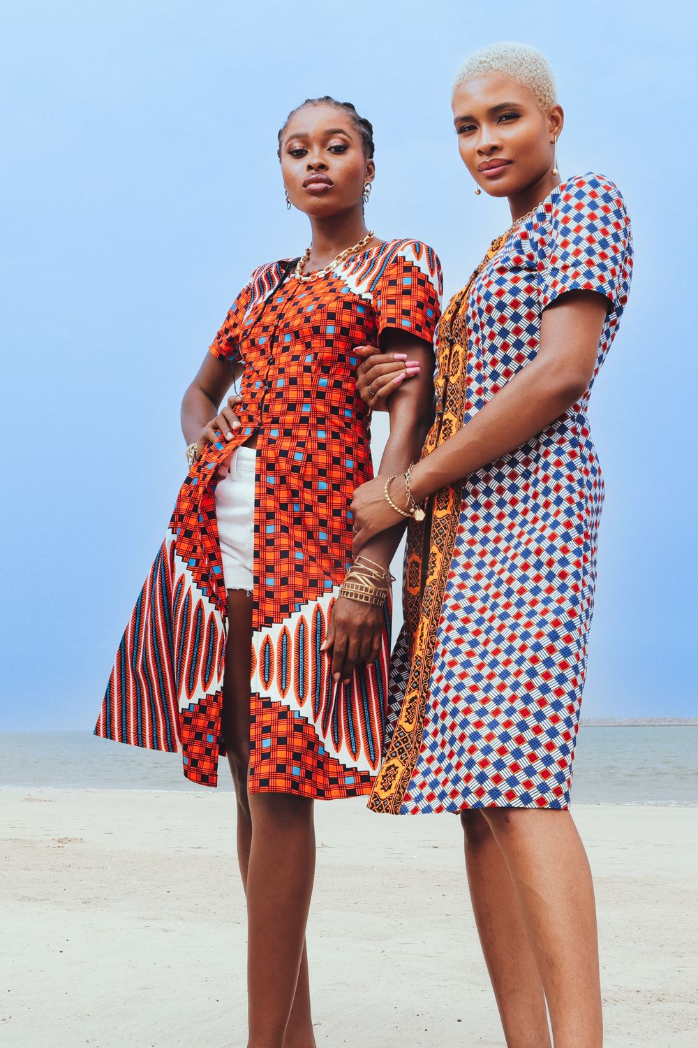 Emeli Button Front Long Top with Low-cut Back - Orange Blue and White High Spirit African Ankara Wax Cotton Print