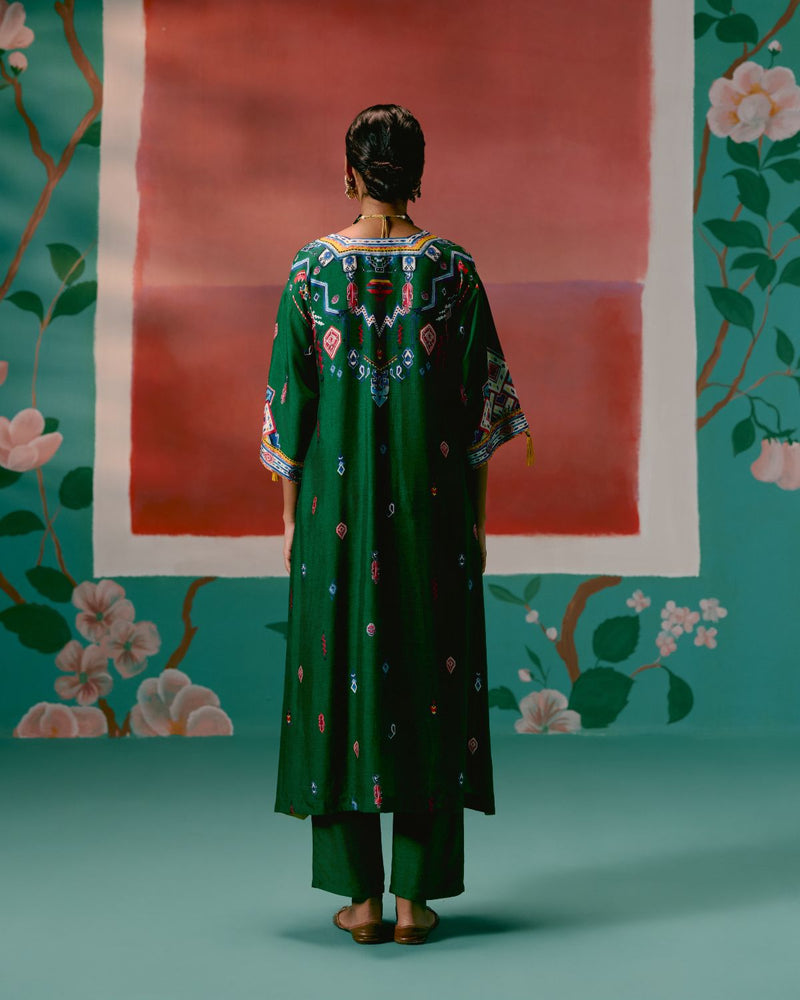 Emerald Aztec Kaftan Set by Label Mogra in green color for women Worldwide