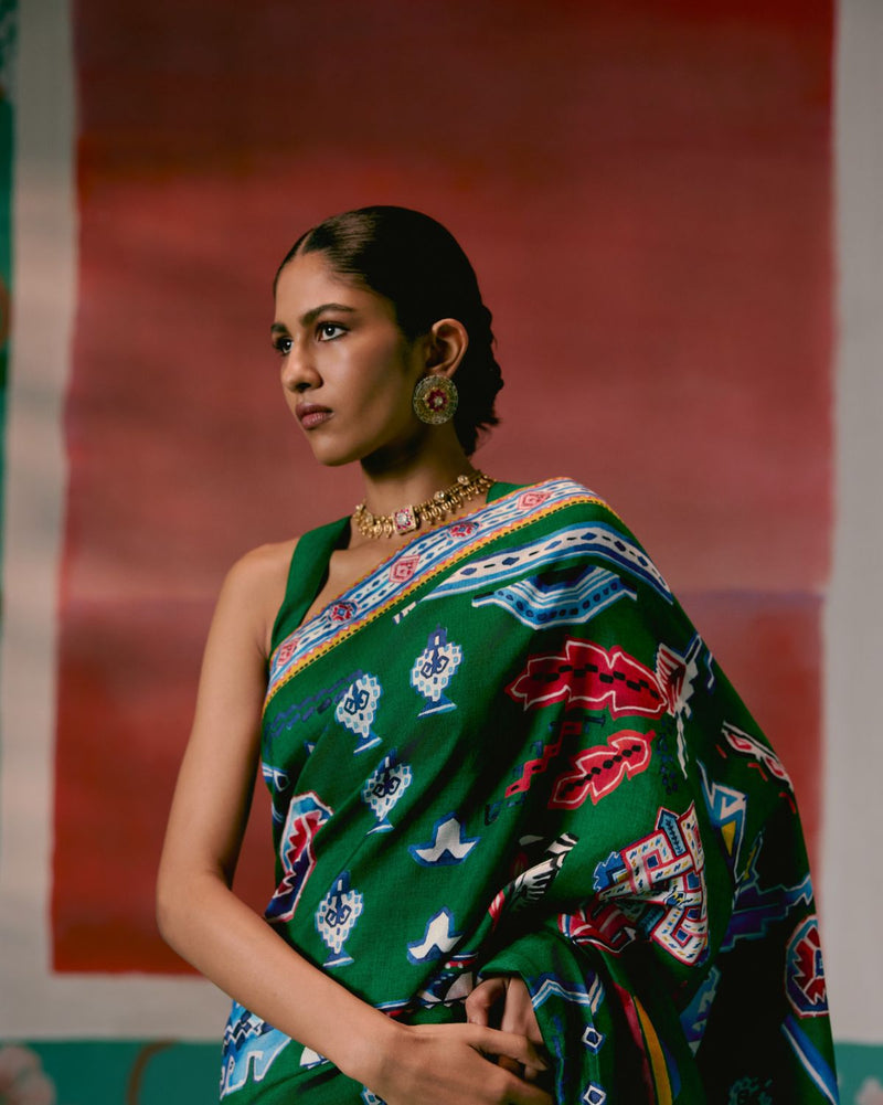 Emerald Aztec Saree by Label Mogra in green color for women Worldwide