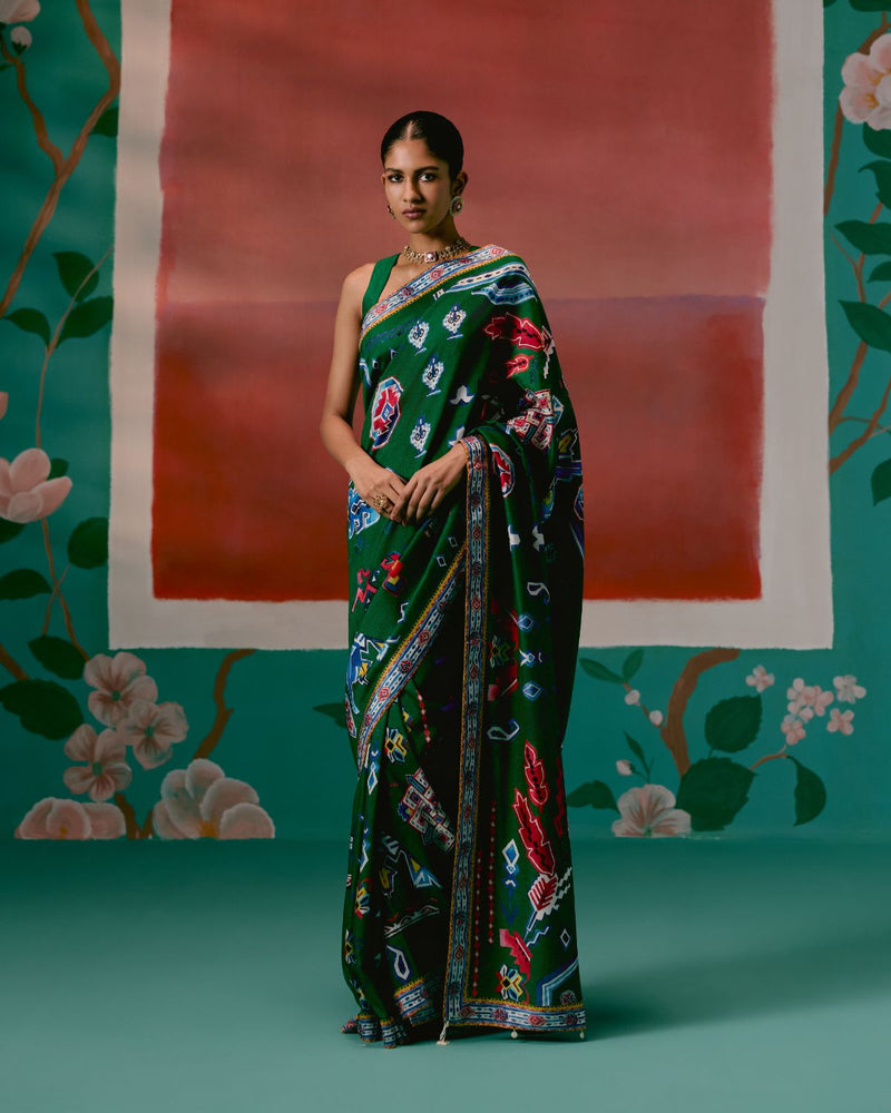 Emerald Aztec Saree by Label Mogra in green color for women Worldwide