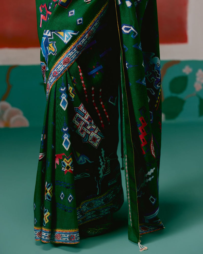 Emerald Aztec Saree by Label Mogra in green color for women Worldwide