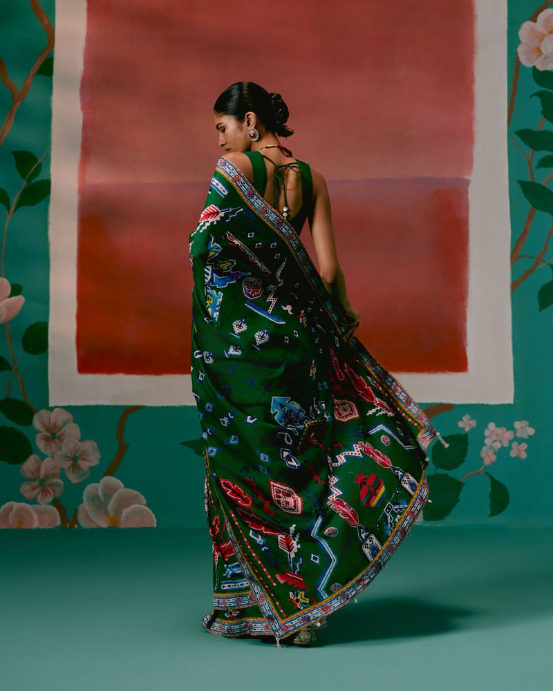 Emerald Aztec Saree by Label Mogra in green color for women Worldwide