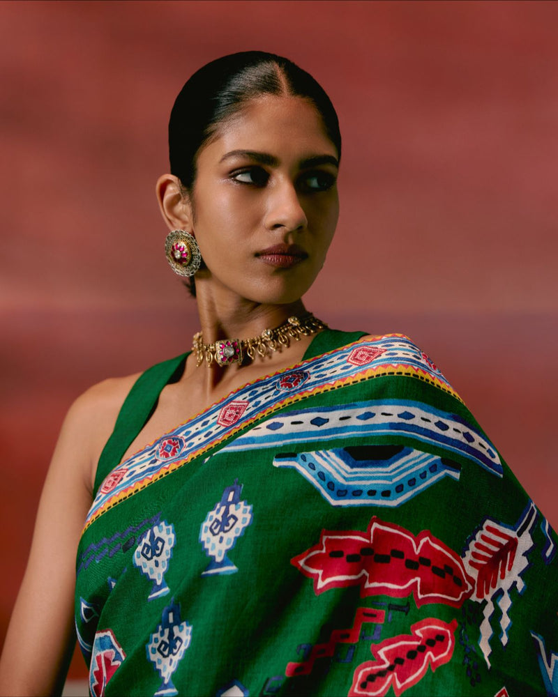 Emerald Aztec Saree by Label Mogra in green color for women Worldwide