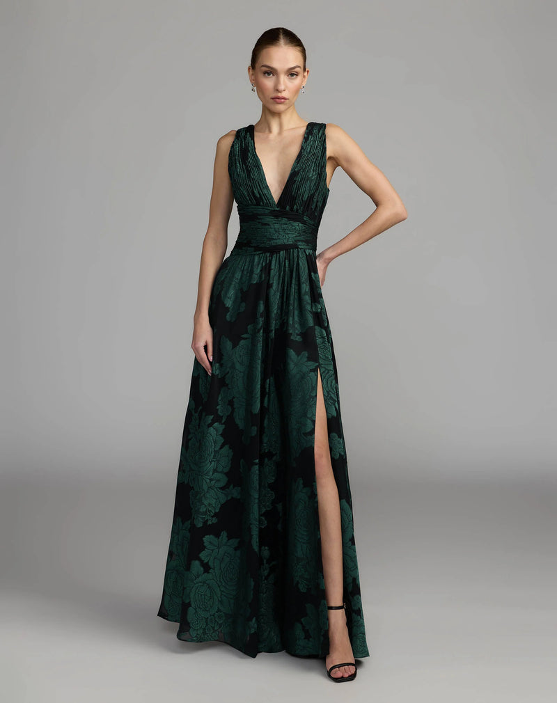 56487-Emerald Floral Sleeveless Plunge Neck Gown polyester cocktail-and-party-dresses by Mac Duggal in multi-color for women Worldwide
