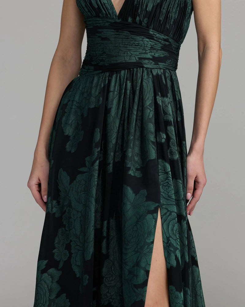 56487-Emerald Floral Sleeveless Plunge Neck Gown polyester cocktail-and-party-dresses by Mac Duggal in multi-color for women Worldwide