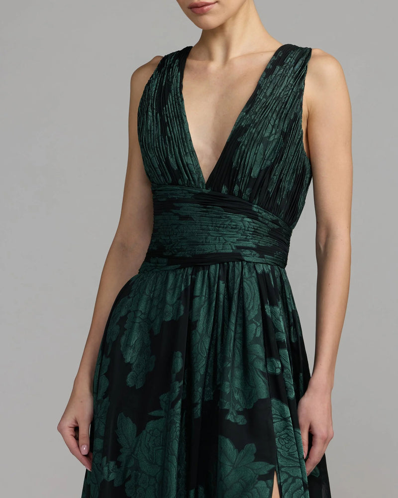 56487-Emerald Floral Sleeveless Plunge Neck Gown polyester cocktail-and-party-dresses by Mac Duggal in multi-color for women Worldwide
