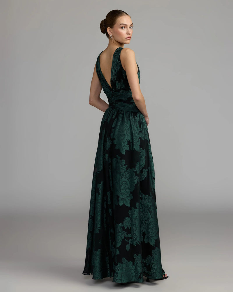 56487-Emerald Floral Sleeveless Plunge Neck Gown polyester cocktail-and-party-dresses by Mac Duggal in multi-color for women Worldwide