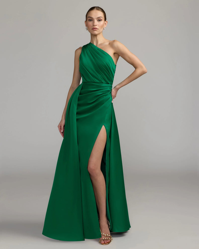 27784-Emerald One Shoulder Satin Gown With Overskirt polyester evening-gowns by Mac Duggal in green for women Worldwide