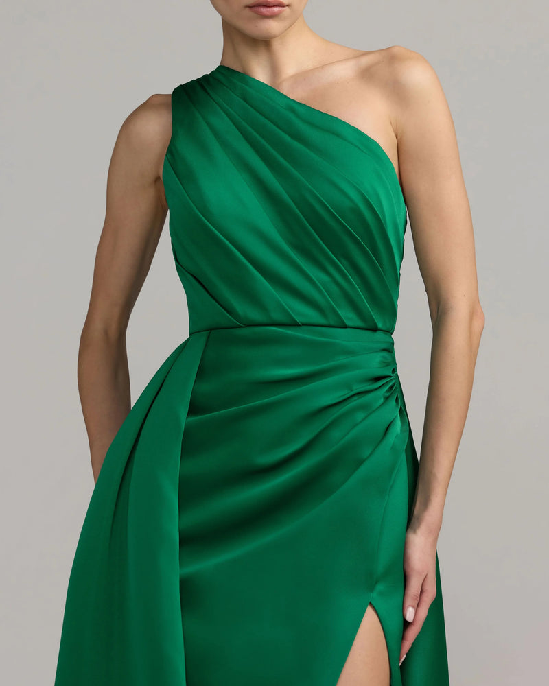 27784-Emerald One Shoulder Satin Gown With Overskirt polyester evening-gowns by Mac Duggal in green for women Worldwide