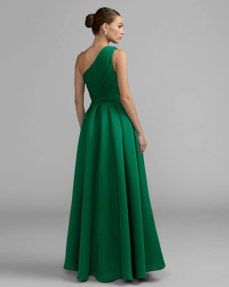 27784-Emerald One Shoulder Satin Gown With Overskirt polyester evening-gowns by Mac Duggal in green for women Worldwide