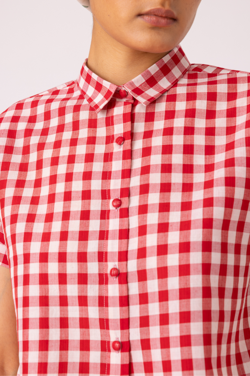Emily Red Checkered Handwoven Top cotton by The Summer House in red color for women Worldwide