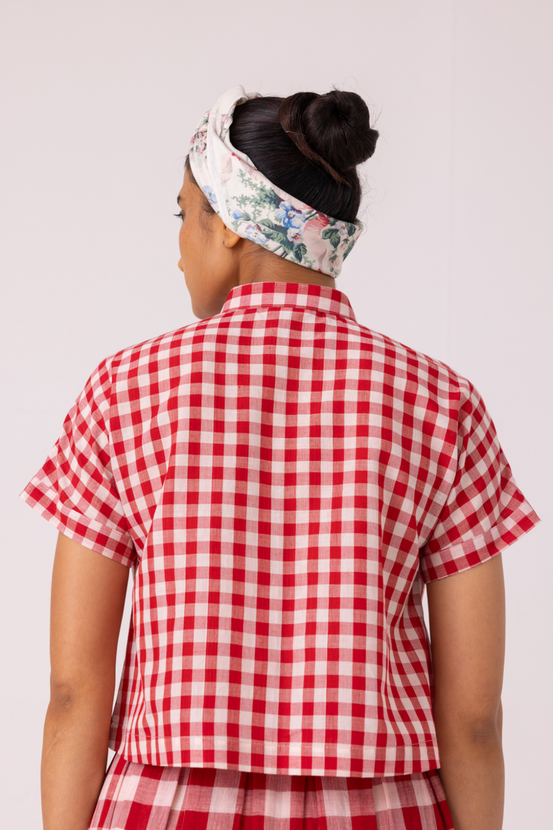 Emily Red Checkered Handwoven Top cotton by The Summer House in red color for women Worldwide