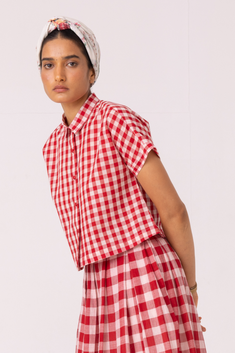 Emily Red Checkered Handwoven Top cotton by The Summer House in red color for women Worldwide
