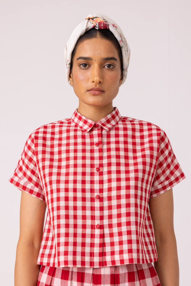 Emily Red Checkered Handwoven Top cotton by The Summer House in red color for women Worldwide