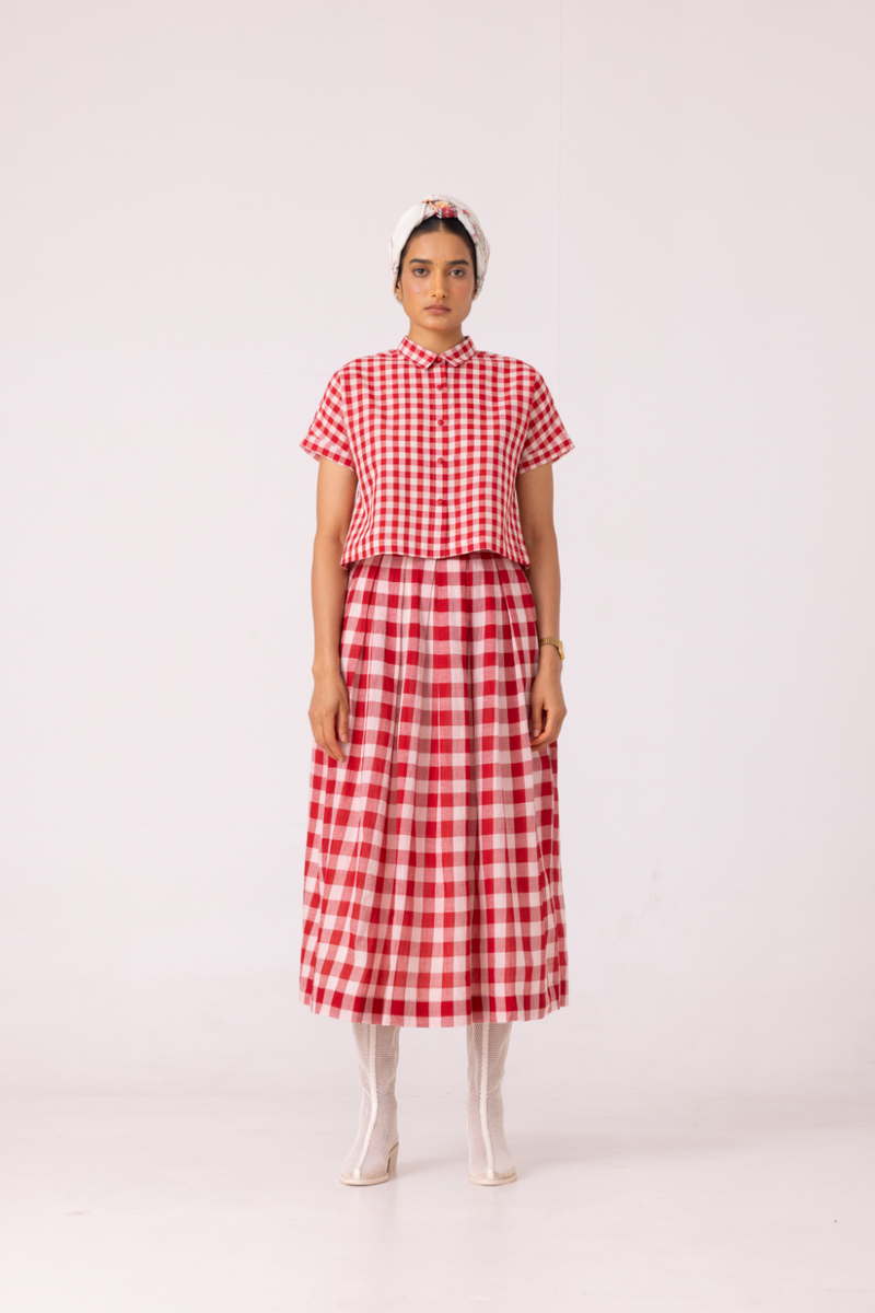 Emily Red Checkered Handwoven Top cotton by The Summer House in red color for women Worldwide