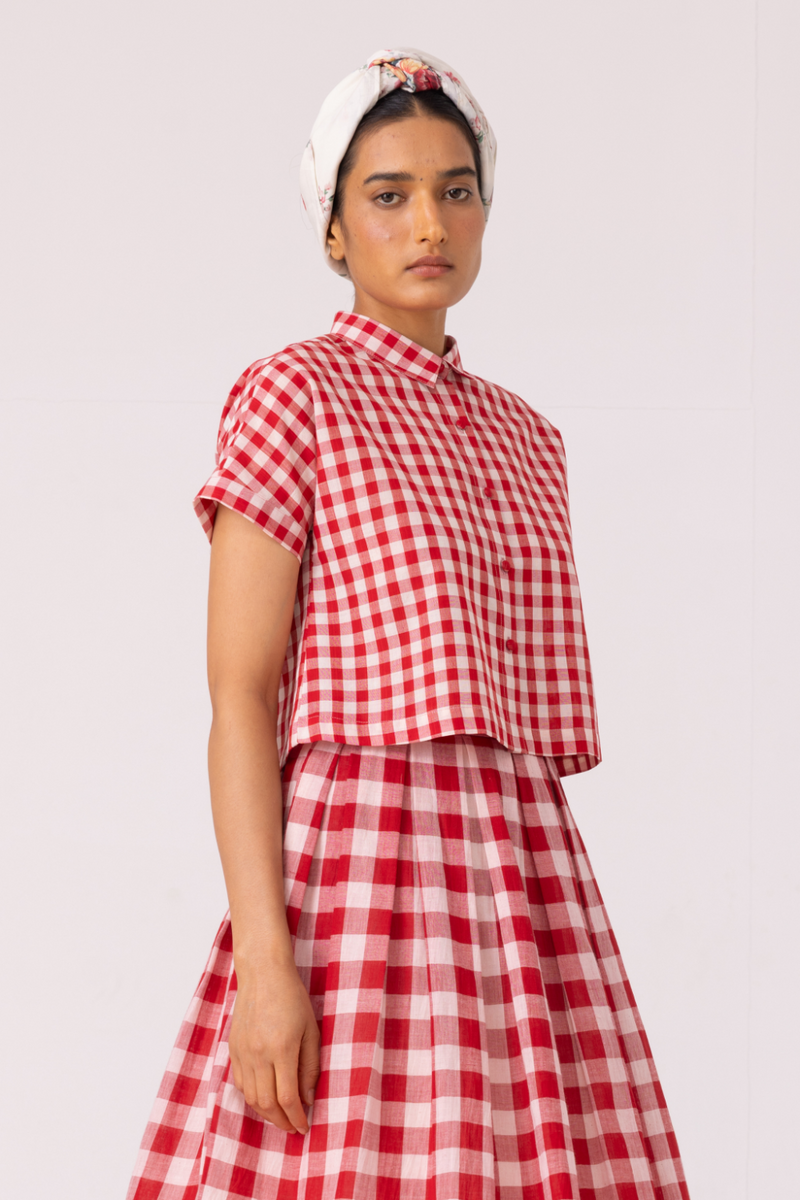 Emily Red Checkered Handwoven Top cotton by The Summer House in red color for women Worldwide