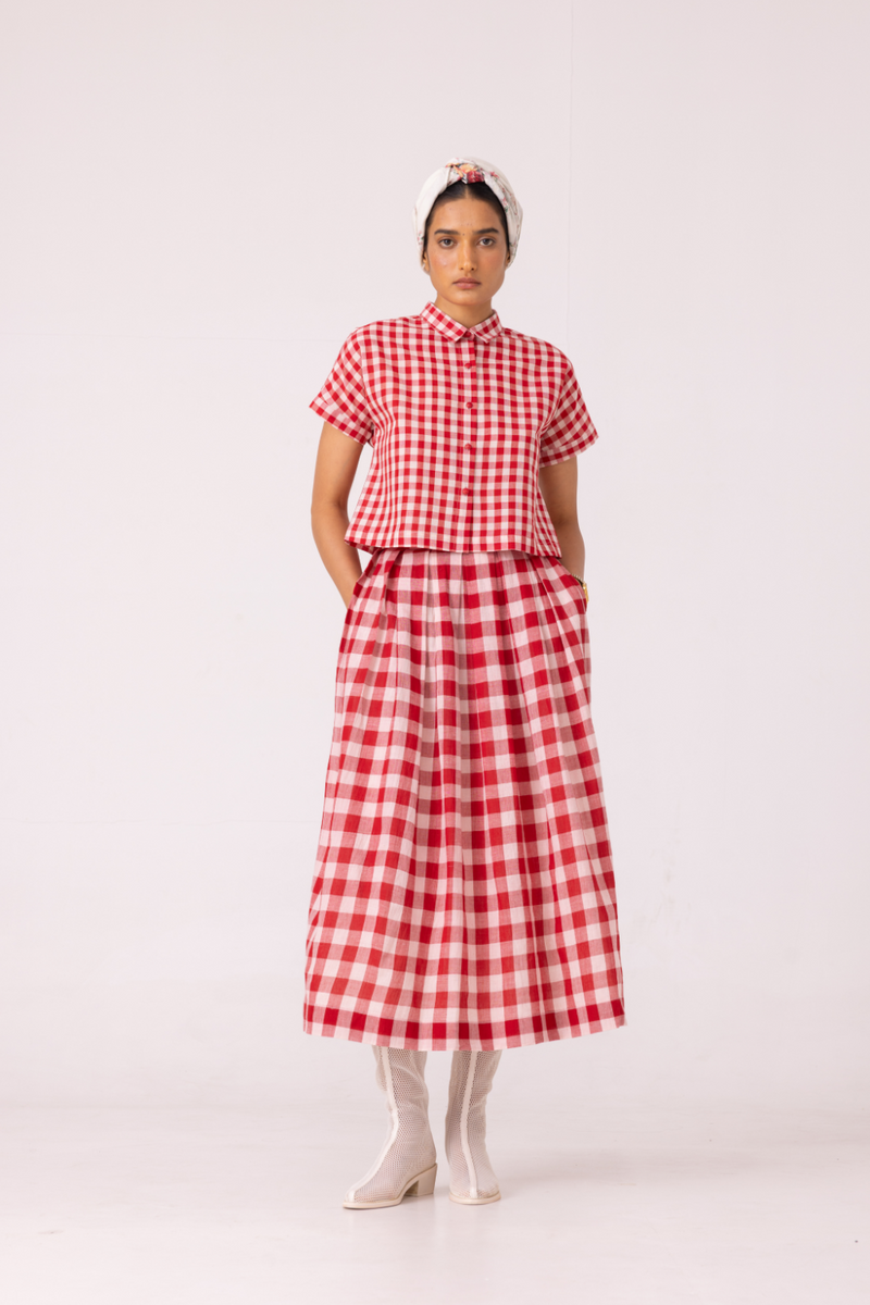 Emily Red Checkered Handwoven Top cotton by The Summer House in red color for women Worldwide